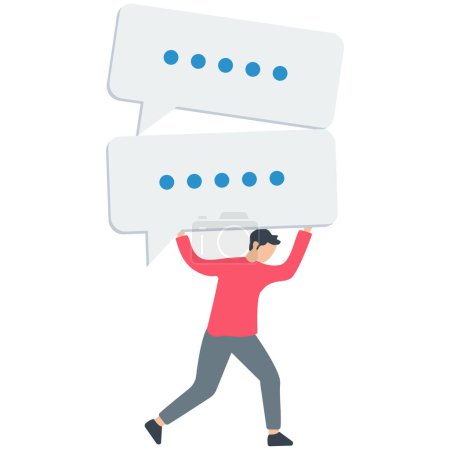 Illustration for Communication problems or overload, Too many messages, inefficient discussion or meeting , Frustrated businessmen run away from collapsing stack of online speech bubbles. - Royalty Free Image