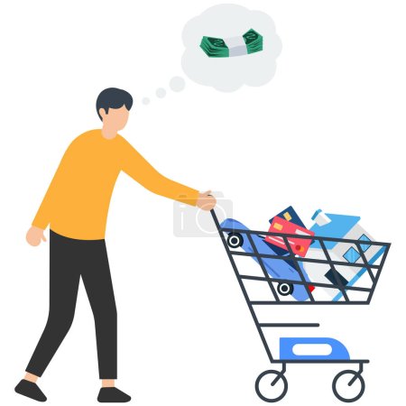Illustration for Expense planning, Living cost or budget management, Bills or credit card payment, Personal finance, Man with house, education and shopping cart - Royalty Free Image
