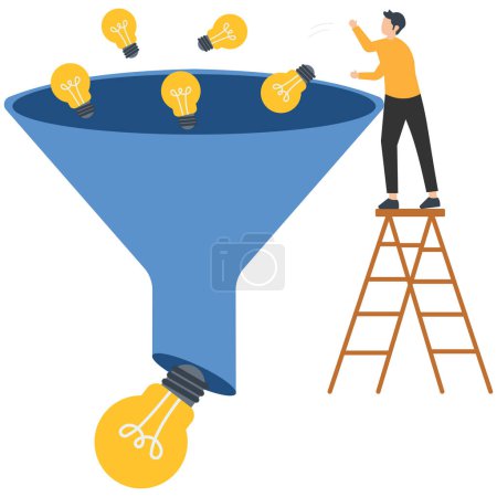 Illustration for Idea funnel and brainstorm to get solution or final idea, Creativity innovation or imagination to create inspiring solution, Business creative idea - Royalty Free Image