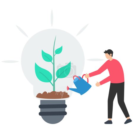Illustration for Environmental social and corporate governance, Company responsibility to care environment, Man touch light bulb with seeding green plant - Royalty Free Image