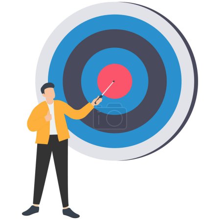 Specific goal and clarify objective or target, Focus or concentrate on purpose to win business mission, Perfection or aiming at target, Businessman pointing at center of target