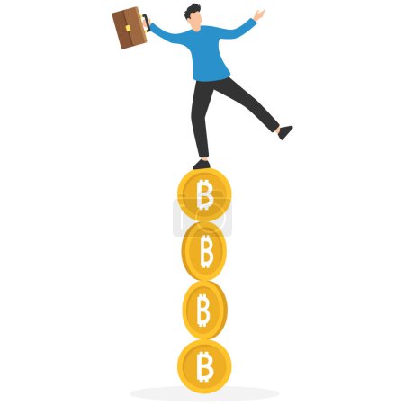 Illustration for Bitcoin and crypto investment risk, Balance between risk and return, Cryptocurrency challenge to overcome volatility and make profit, Balancing as acrobat on giant bitcoin - Royalty Free Image