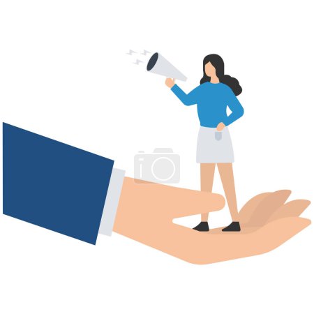 Illustration for Employee voice, listen to colleague opinion or idea, Choose to believe in truth, Fact or liar team member, Manager listening to employees on his hand - Royalty Free Image