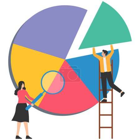 Illustration for Investment asset allocation and rebalance, investor or financial planner, Standing on ladder to arrange pie chart, Portfolio to suitable for risk and return chart - Royalty Free Image