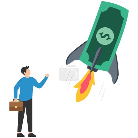 Illustration for Boost your income, Growth increasing business revenue or profit, Rising investment earnings, investor with dollar money sign, Launch rocket booster high in sky - Royalty Free Image