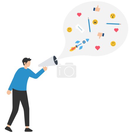 Illustration for Storytelling, The art of communication or telling and share ideas, inspiration, promoting marketing campaigns in advertising, Marketer using megaphone to tell their story - Royalty Free Image