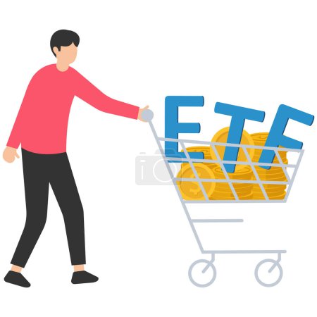 ETF, Exchange Traded Funds real time mutual funds, Tracking investment index trading, Stock market, Shopping carts or trolley full of Dollar money coins, Alphabet combine the word ETF