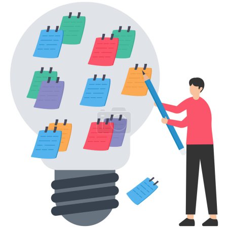 Illustration for Ideation, brainstorming to gather new idea, effective meeting discussion, team collaboration discover solution, scrum, business people brainstorm with sticky notes combined to bright lightbulb idea. - Royalty Free Image