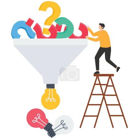 Illustration for Businessman threw question mark in the funnel and generate creative ideas - Royalty Free Image