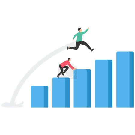 Illustration for Competitive advantage or innovation to outsmart and overtake business winning, strategy or smart way to win business or career growth concept, businessman jumping springboard to outsmart competitor. - Royalty Free Image