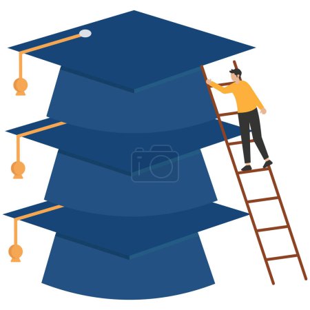 Illustration for Happy graduating student climbing to the top of book piles. Vector artwork depicts the process and step by step of achieving wisdom, knowledge, success, education, rewards, and hard works. - Royalty Free Image