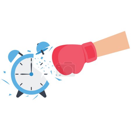 Illustration for Procrastination postponement to get things done later, too tight business deadlines or cannot finish work in time concept, Holding hand smashing on loud reminding alert alarm clock - Royalty Free Image