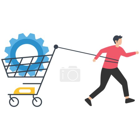 Illustration for Over-thinking, obsessive in work or too many problems that cannot make decisions, tried depressed businessmen carry heavy cogwheel cart. - Royalty Free Image