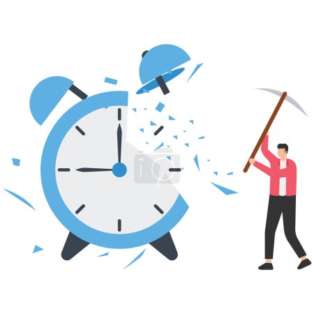 Illustration for Procrastination postpone to get thing done later, too tight business deadline or cannot finish work in time concept, young man holding big hammer smashing on loud reminding alert alarm clock. - Royalty Free Image