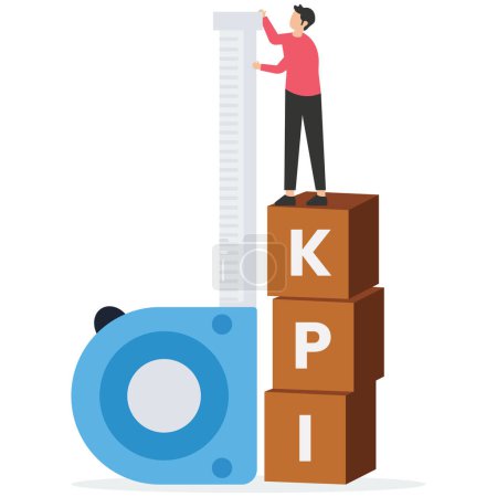 Illustration for Businessman standing on top of KPI box measuring performance, KPI, key performance indicator measurement to evaluate success or meet target, metric or - Royalty Free Image