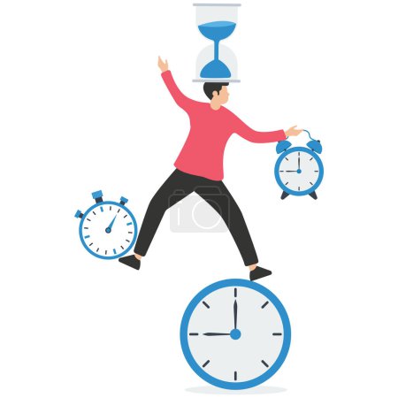 Illustration for Smart businessman balancing all time pieces, sand glass, alarm clock, countdown timer, time management or productivity addiction, work life balance or - Royalty Free Image