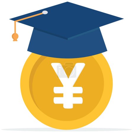 Illustration for Yen money coin with mortarboard graduation cap and certificate, education cost, tuition or scholarship, money for university or graduation, school expense or student debt, college diploma - Royalty Free Image