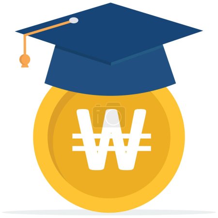 Illustration for Won money coin with mortarboard graduation cap and certificate, education cost, tuition or scholarship, money for university or graduation, school expense or student debt, college diploma - Royalty Free Image