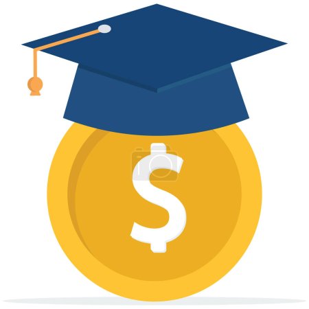 Illustration for Dollar money coin with mortarboard graduation cap and certificate, education cost, tuition or scholarship, money for university or graduation, school expense or student debt, college diploma - Royalty Free Image