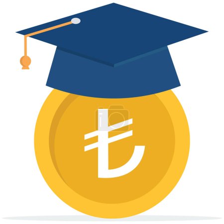 Illustration for Lira money coin with mortarboard graduation cap and certificate, education cost, tuition or scholarship, money for university or graduation, school expense or student debt, college diploma - Royalty Free Image