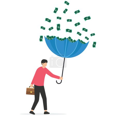Illustration for Rich businessman using umbrella to collect falling money from investment thunderstorm, make money idea, passive income or profit and dividends from stock market investment, financial success - Royalty Free Image