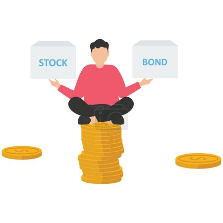 Illustration for Smart man keep calm sitting on stack of money coins balancing stock and bond boxes, diversify portfolio investment, rebalance between stocks and bonds, passive invest wealth accumulate - Royalty Free Image