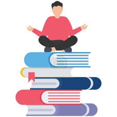 Illustration for Smart success businessman meditating and learn new skill on stack of business books, best book to help entrepreneur success in business, knowledge or skill to succeed and overcome obstacle - Royalty Free Image