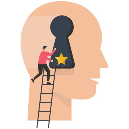 Illustration for Businessman holding star climb up ladder to put into consumer brain, brand recognition, marketing idea to launch advertising, commercial trademark or brand loyalty, consumer recognize brand - Royalty Free Image