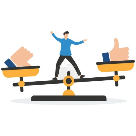 Businessman balance on seesaw with thumb up and thumb down, demerit and merit evaluation, advantage and disadvantage in comparison, performance assessment, manager evaluation, judgment 