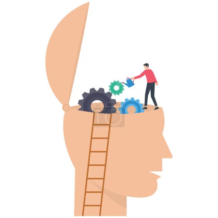 Illustration for Man climb up ladder to fix and lubricate gear cogs on his brain head, brain maintenance, fixing emotional and mental problem, boost creativity and thinking process or improve motivation - Royalty Free Image