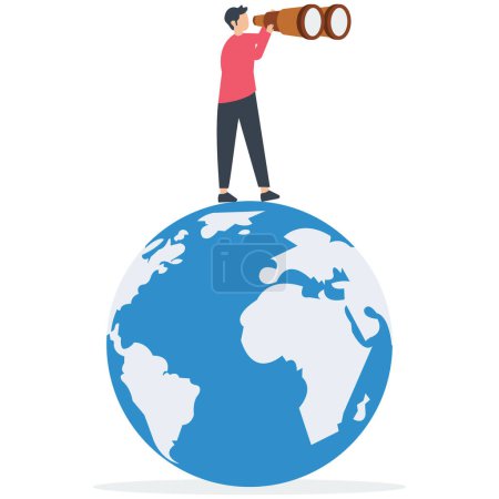 Illustration for Smart businessman standing on globe, planet earth using telescope to see vision or future opportunity, globalization, global business vision, world economics or business opportunity - Royalty Free Image