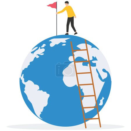 El hombre de negocios del éxito sube la escalera sosteniendo la bandera que gana en globo, mundo que gana, éxito global del negocio, oportunidad internacional de crecer y de ampliar negocio, desarrollo de carrera mundial 