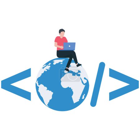 Ilustración de Ingeniero de software de codificación en el ordenador portátil sentado en el globo con símbolo de codificación, desarrollo de sitios web, www codificación de aplicaciones, la tecnología de crear software en línea del ciberespacio conectarse a través de Internet - Imagen libre de derechos