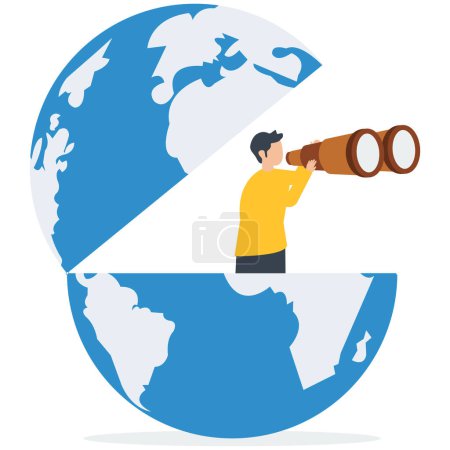 Illustration for Smart businessman open globe using binoculars looking for future vision, world economic vision or international opportunity for business, work or investment, searching for oversea business - Royalty Free Image