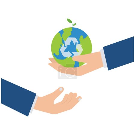 Illustration for Businessman hand holding planet earth with care and other hand cover for protection, save the world, peace or ecology, sustainability and environment protection, world care and support - Royalty Free Image