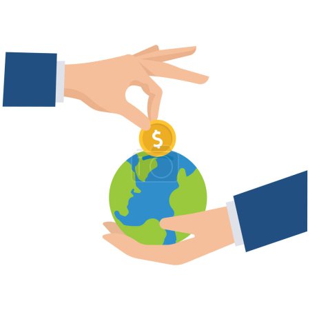 Illustration for Businessman investor hand put dollar coin money into globe coin bank, international economy, global investment, financial opportunity around the world, developed market and emerging markets - Royalty Free Image