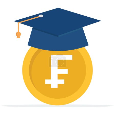 Illustration for France money coin with mortarboard graduation cap and certificate, education cost, tuition or scholarship, money for university or graduation, school expense or student debt - Royalty Free Image