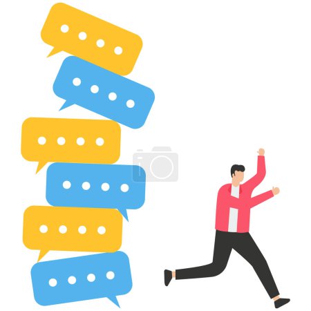 Illustration for Frustrated businessman run away from collapsing stack of online speech bubble, communication problem or overload, too many messages or spam, inefficient discussion or meeting - Royalty Free Image