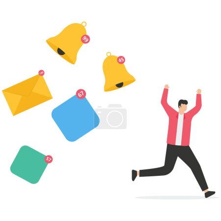 Illustration for Businessman running away from apps, email and ringing bell notifications, annoy notifications disturbing pop up or online message sound, marketing or advertising push notifications - Royalty Free Image