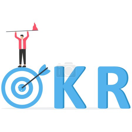 Illustration for Businessman holding winning flag on target with the work OKR, objective and key result framework to measure success and improvement, goal setting or define measurable target for business - Royalty Free Image