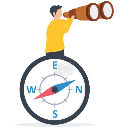 Businessman with binocular and compass, business compass guidance direction or opportunity, make decision for business direction, finding investment opportunity, leadership or visionary 