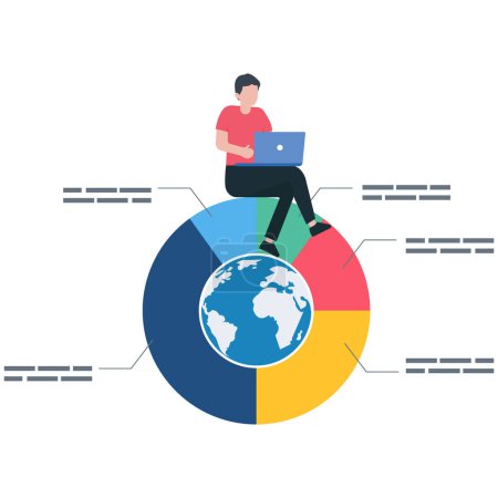Téléchargez les illustrations : Un homme d'affaires travaille avec un ordinateur portable sur un graphique circulaire mondial, la répartition des actifs du portefeuille mondial, l'investissement boursier mondial, la part de marché internationale - en licence libre de droit