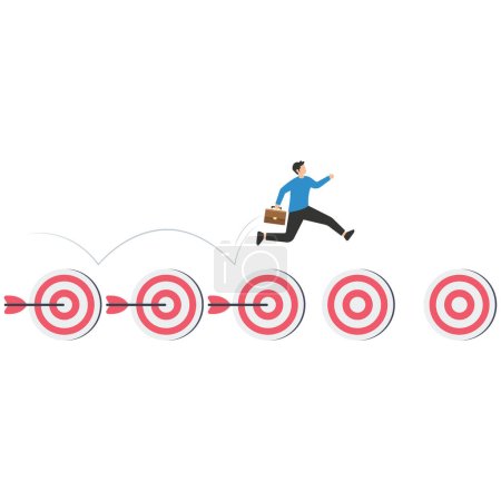 Businessman holding arrow and bow jump on achieved targets, goal tracking or achievement, effort planning to finish work, performance or track progress, project management or completed tasks