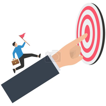 Illustration for Businessman run on hand pointing toward target, goal oriented, setting goal and focus on target and aim to achieve success, work toward mission target, motivation and anticipation to win - Royalty Free Image