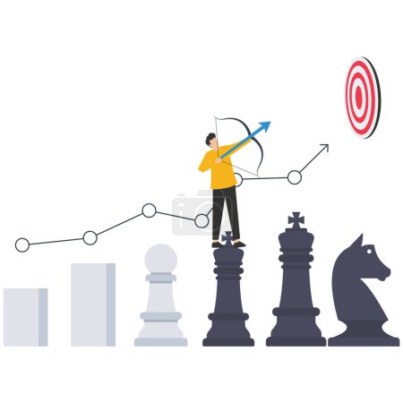 Ilustración de Hombre de negocios tiro con arco en carta de crecimiento de ajedrez rey con el objetivo, estrategia para ganar el éxito del negocio, creciendo para lograr el objetivo o el crecimiento estratégico, desafío o misión, gestión y planificación - Imagen libre de derechos
