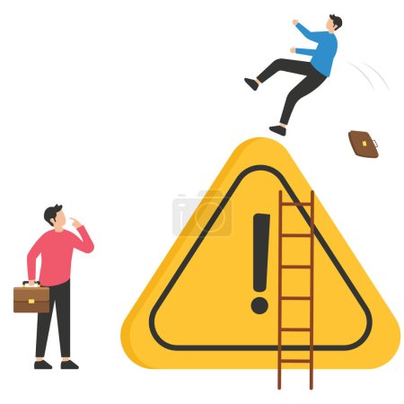 Illustration for Cautious businessman slip falling on exclamation symbol beware, careful caution sign, mistake caution, business risk or problem warning, failure prevention or avoid danger concept - Royalty Free Image