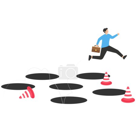 Illustration for Smart businessman jump pass many pitfalls to achieve business success, avoid pitfall, adversity and brave to jump pass mistake or business failure, skill and creativity to solve problem - Royalty Free Image