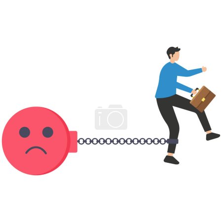 Illustration for Depressed businessman chain with sad face burden, stressed burden, anxiety or negative thinking, anger or emotional causing problem, mental health or depression, overworked or overwhelmed - Royalty Free Image
