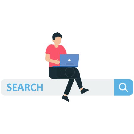 Ilustración de Hombre que trabaja con el ordenador portátil en el cuadro de búsqueda con el botón de lupa, cuadro de búsqueda, SEO optimización del motor de búsqueda o encontrar el sitio web de Internet, trabajo en línea o oportunidad de carrera - Imagen libre de derechos