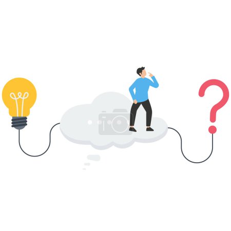 Illustration for Businessman thinking bubble connect question mark to light bulb solution, problem solving, critical thinking or finding solution to solve problem, answer question, creativity or imagination - Royalty Free Image
